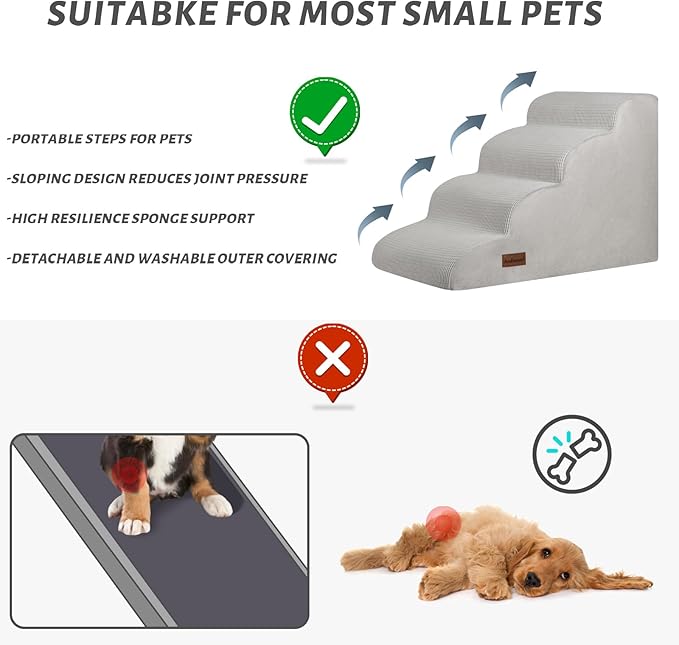 4-Step Dog Stairs and Ramp for Beds or Couches,Non-Slip Sturdy Pet Steps for Small Dogs and Cats,17.4" H,Light Grey