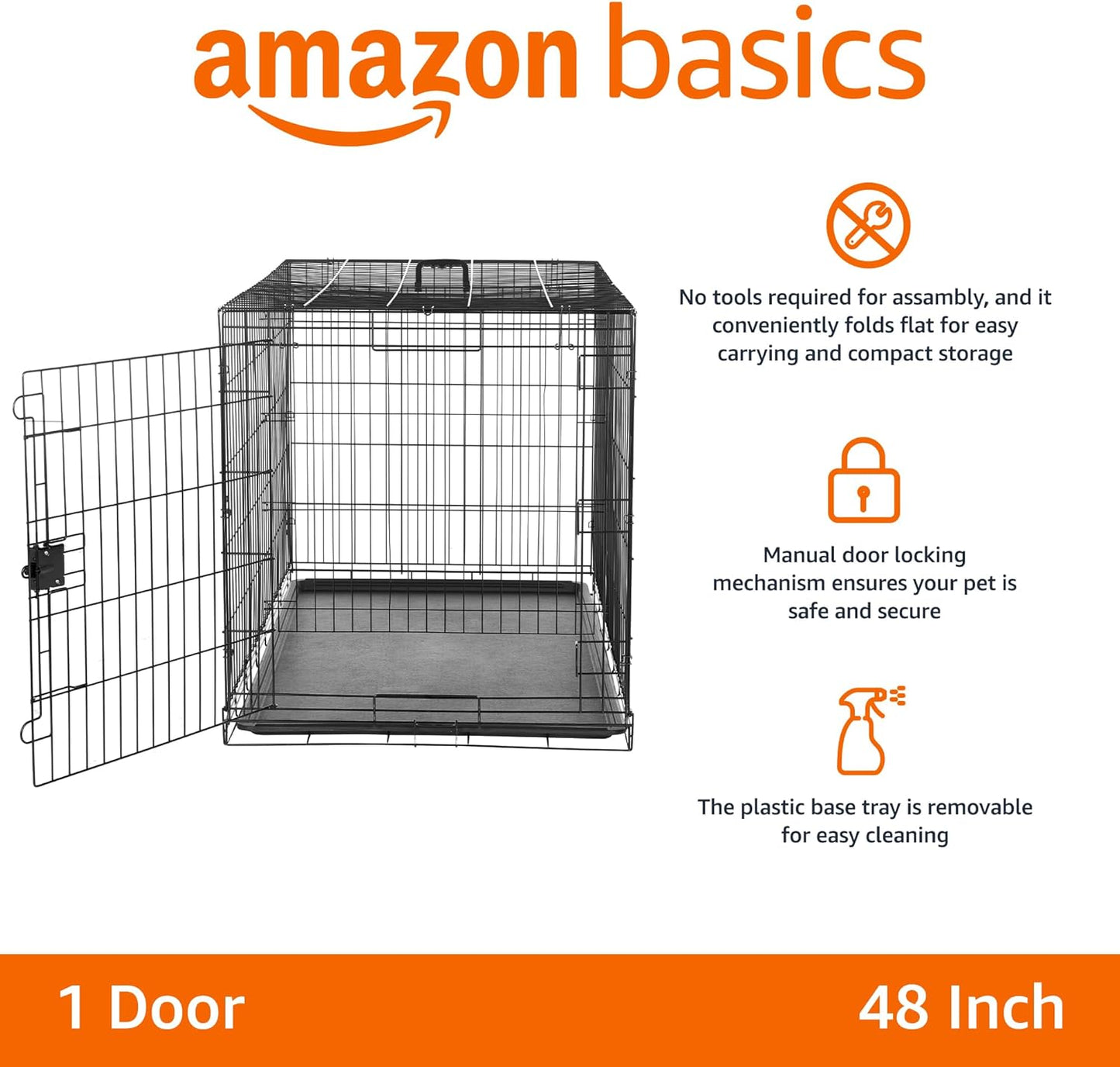 Amazon Basics Durable, Foldable Metal Wire Dog Crate with Tray, Single Door, 48 x 30 x 32.5 in, Black