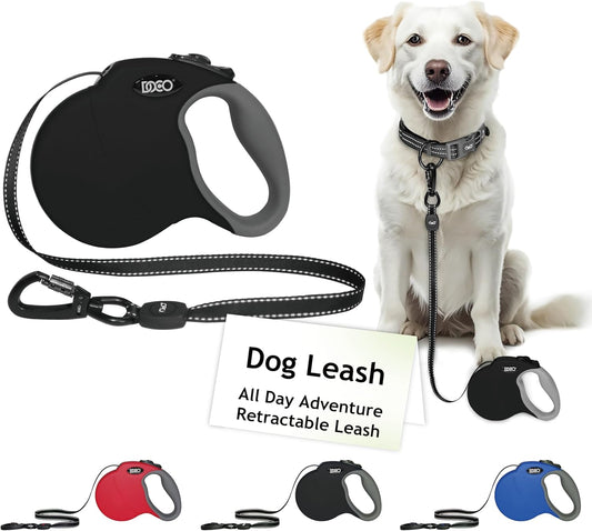 DOCO Retractable Dog Leash for Large Dogs (Length - 16’, Weight - Upto 110lb) Reflective Tape Lead with Stop and Lock Control, Tangle Free 360° Swivel Snap & Anti-Slip Grip (Black, Large)
