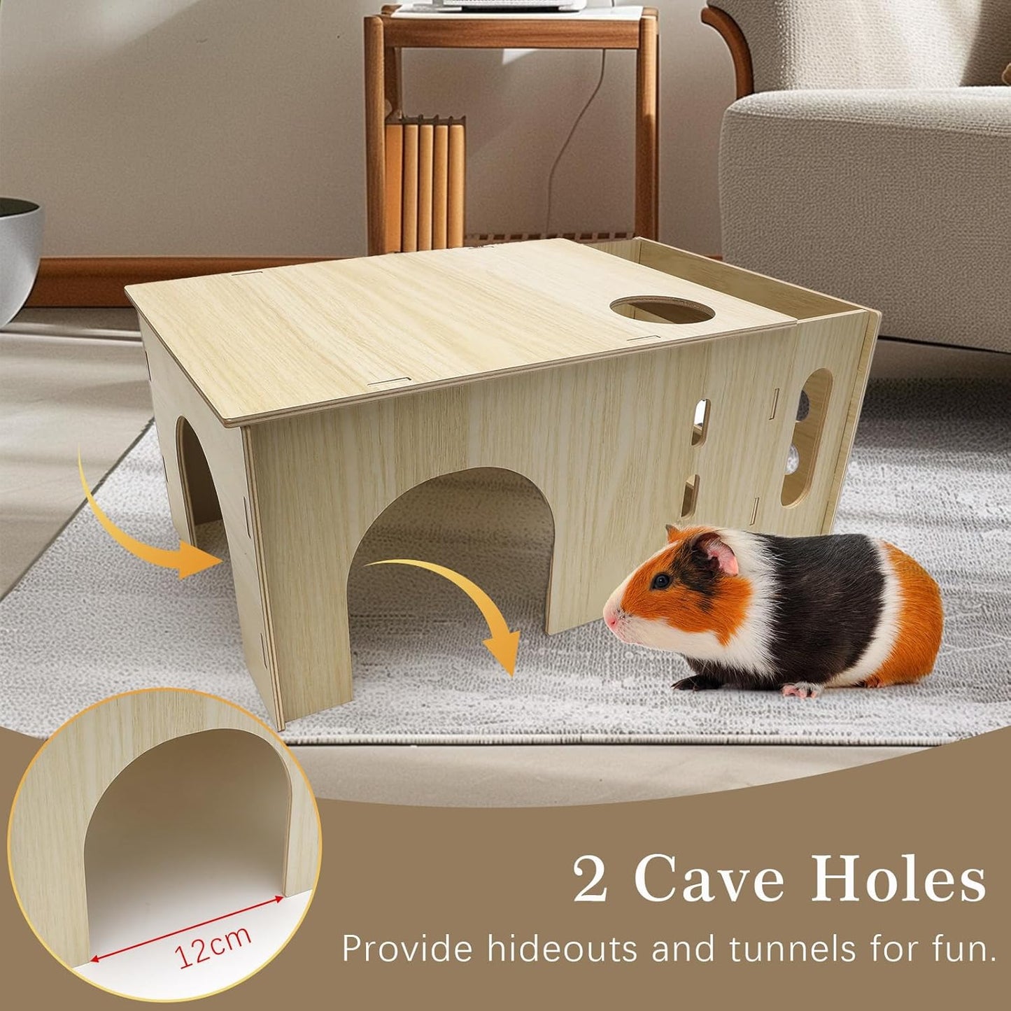 Guinea Pig Hideout Castle with Hay Feeder, Wooden Chinchilla House and Hay Rack, Small Animals Habitats Hut Accessories for Bunny, Rabbit, Hedgehog Playing Hiding, Easy Assembly