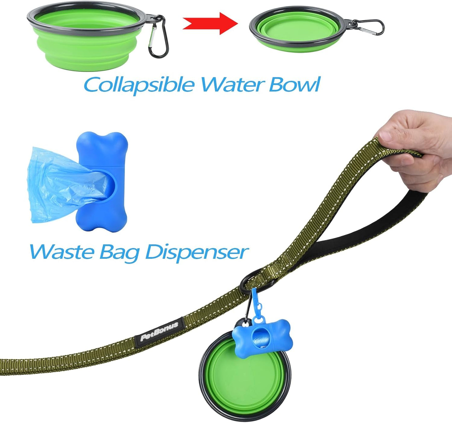 PetBonus Double Dog Leash, No Tangle Dual Leash, Reflective Walking Training Lead, 4 Comfortable Padded Handles for 2 Dogs with Collapsible Bowl and Waste Bags (Army Green, Large)