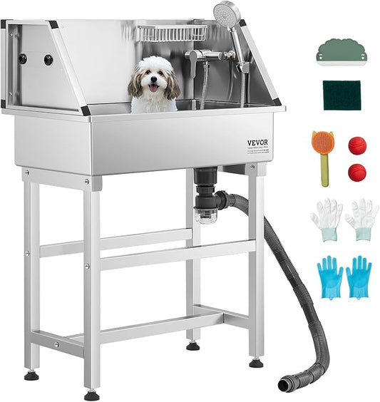 VEVOR Stainless Steel Dog Washing Station, 34 inch Pet Grooming Tub w/Faucet & Showerhead & Soap Holder & Play Balls Simple Dog Bathtub for Multiple Pets, Home Washing Sink