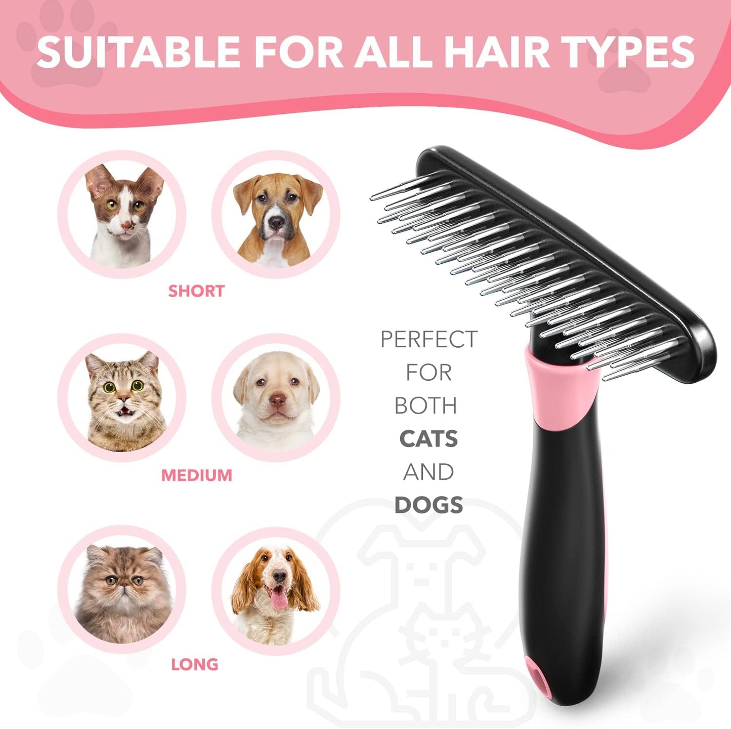 Dog rake deshedding dematting Brush Comb - Undercoat rake for Dogs, Cats, matted, Short,Long Hair Coats - Brush for Shedding, Double Row Stainless Steel pins - Reduce Shedding by 90% (Pink)