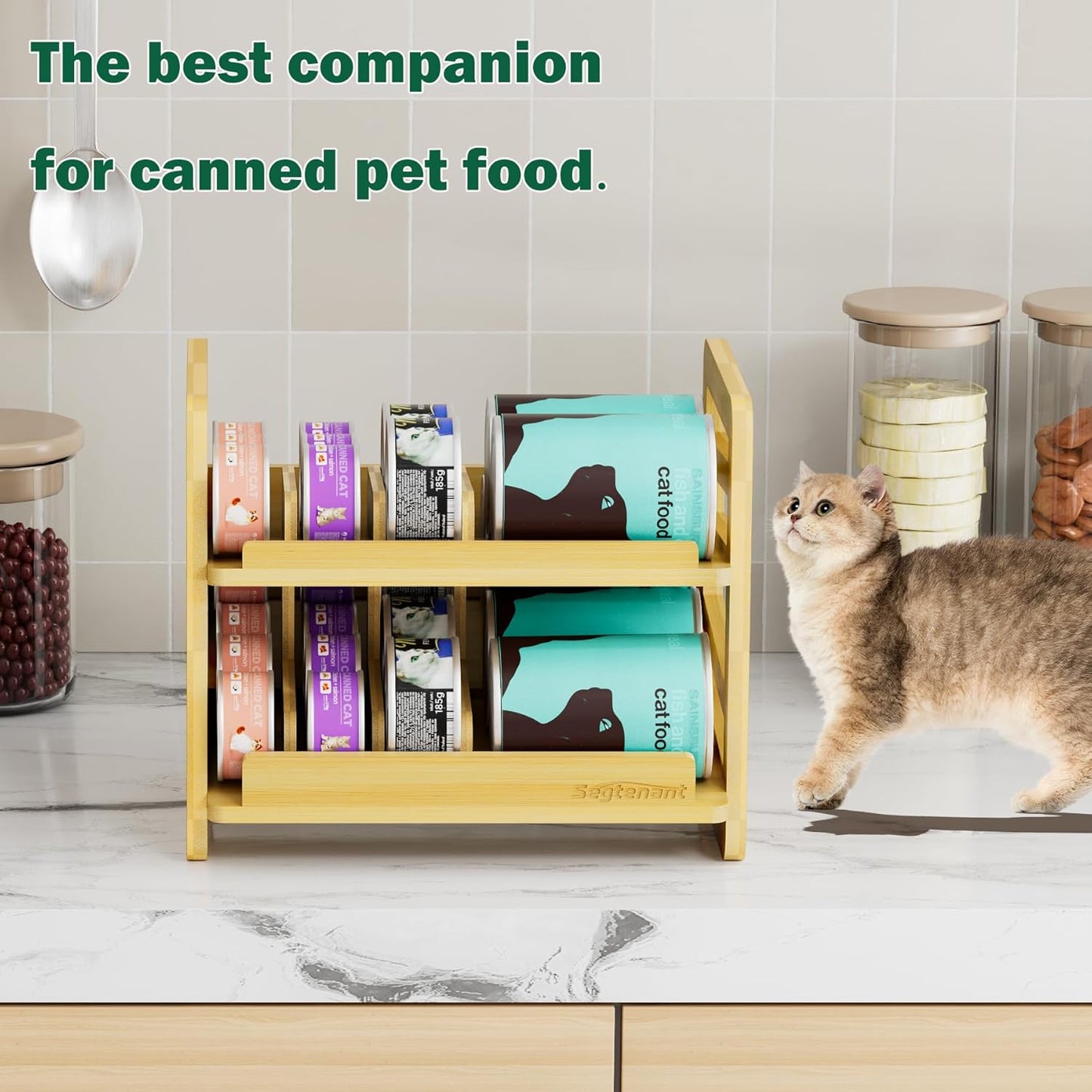 Rolling Bamboo Cat Food Can Organizer, 2-Layer Wet Cat Food Storage Container Holds 42 (3oz) Cans, Canned Cat Food Organizer and Storage for Countertop Kitchen Cabinet or Pantry Shelf