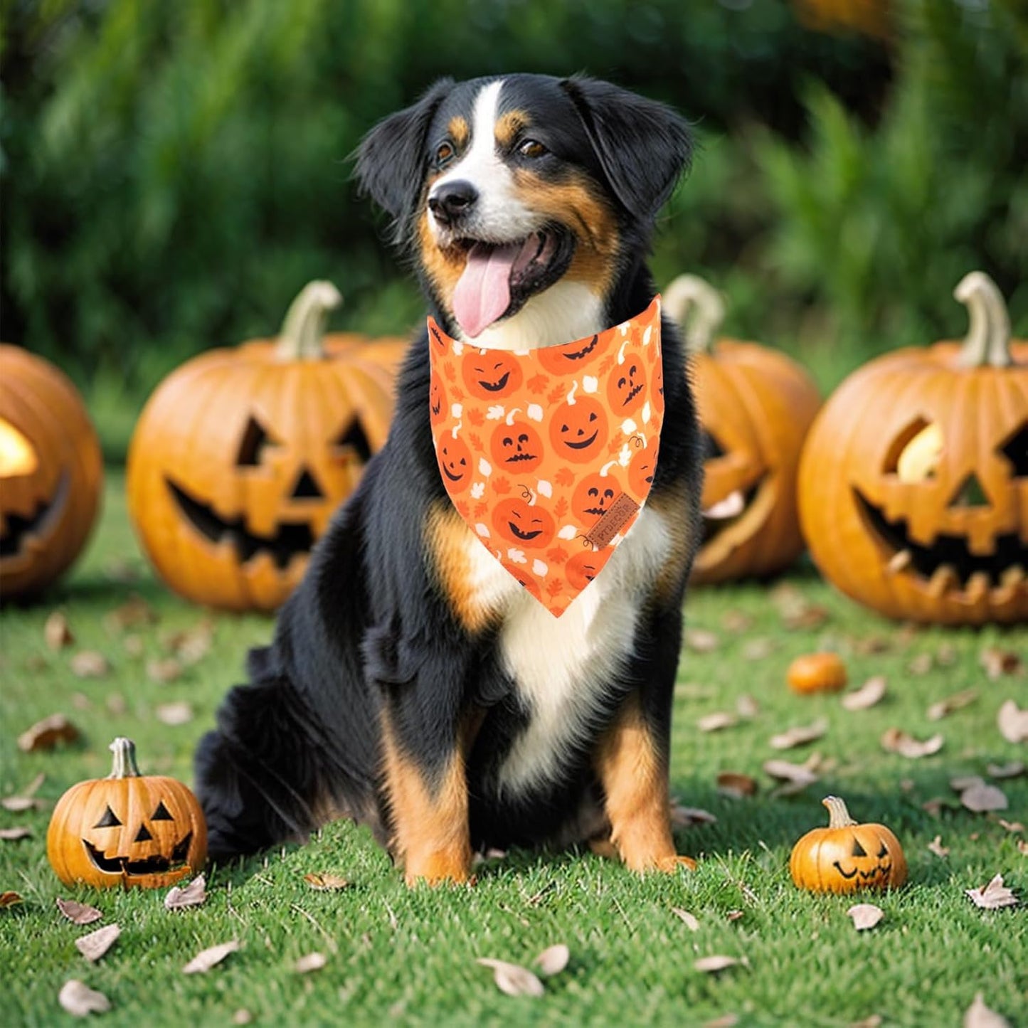 PTDECOR Halloween Dog Bandana, Reversible Holiday Pet Scarf, Multi Size, Triangle Puppy Halloween Bandanas for Extra Large Dogs Pets (Black & Orange, X-Large)