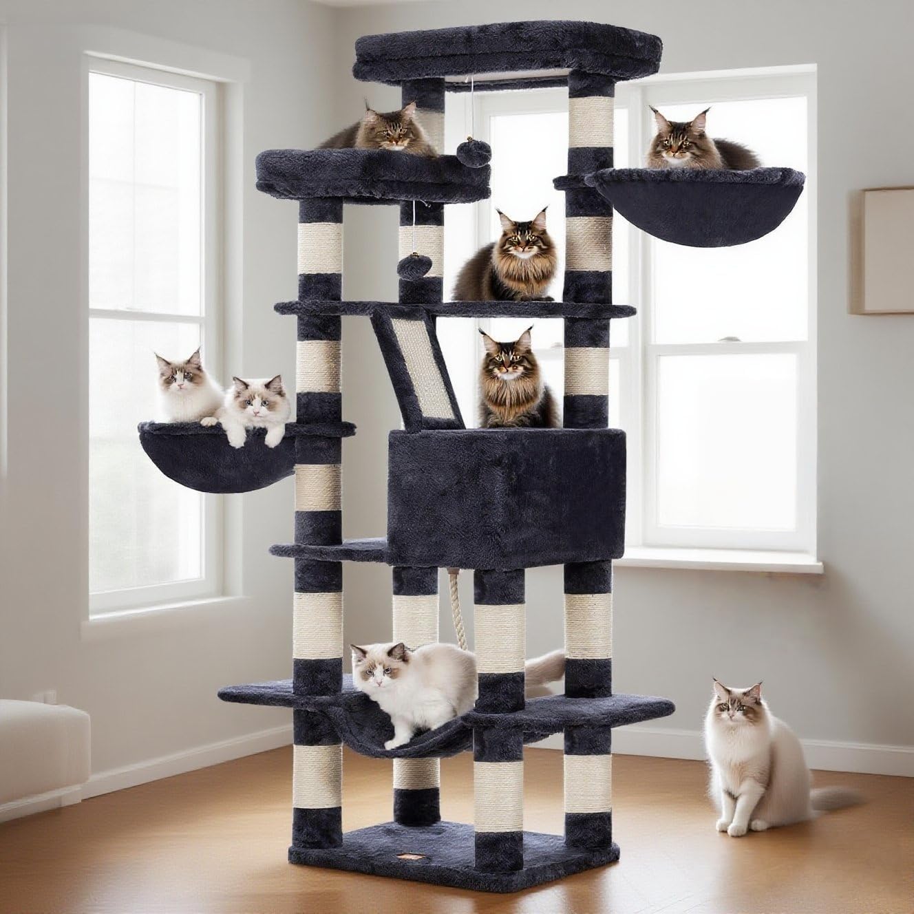 Heybly Cat Tree, 68 inch Multi-Level Cat Tower for Indoor Cats, 2 Widened Plush Perches Cat Condo with Scratching Board and Big Caves, Smoky Gray HCT025G