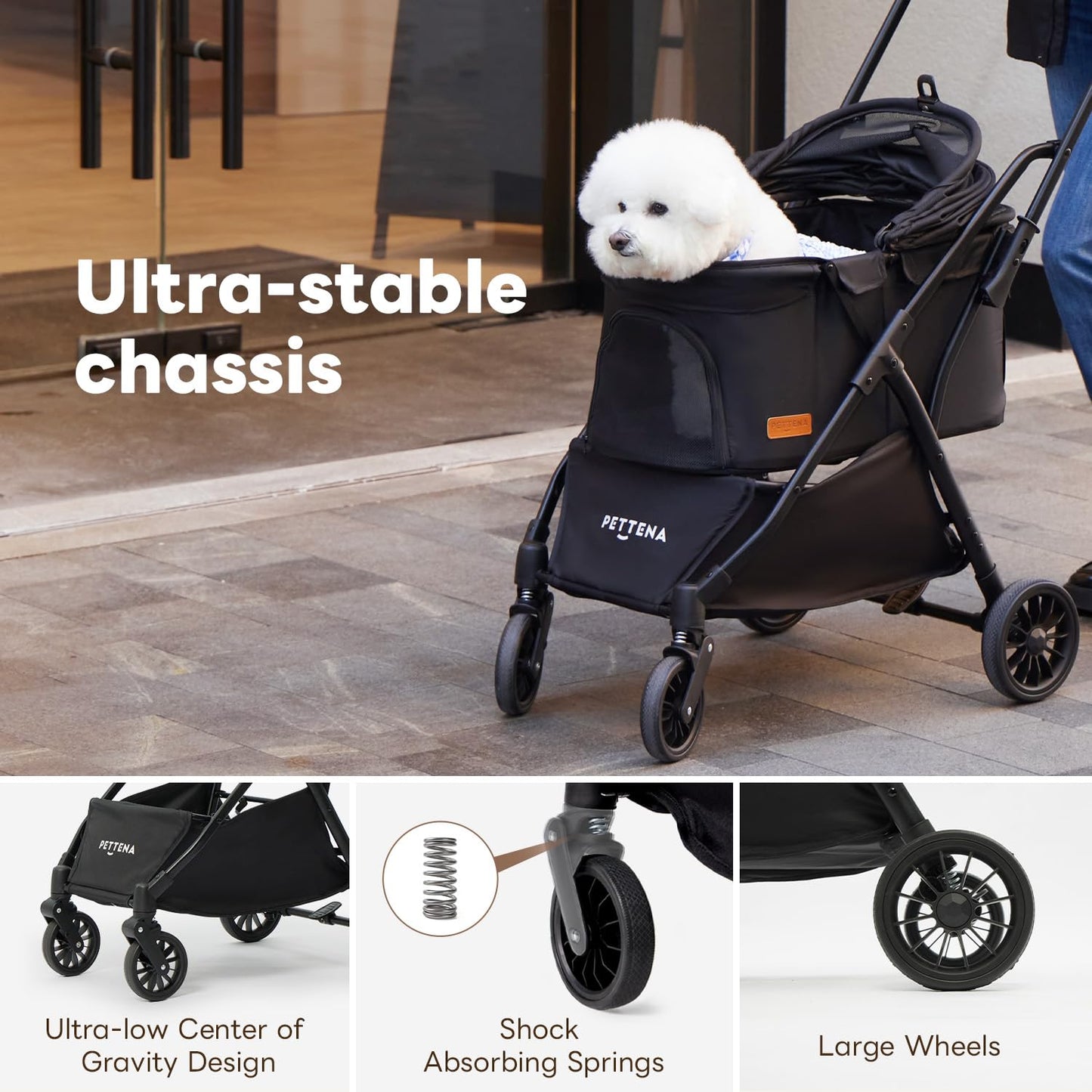 【One-Pull Open Ver.】 PETTENA One-Touch Foldable Dog Stroller for Small Dogs Cats up to 44 Lbs, Cat Stroller for 2 Cats, Large Space, Black
