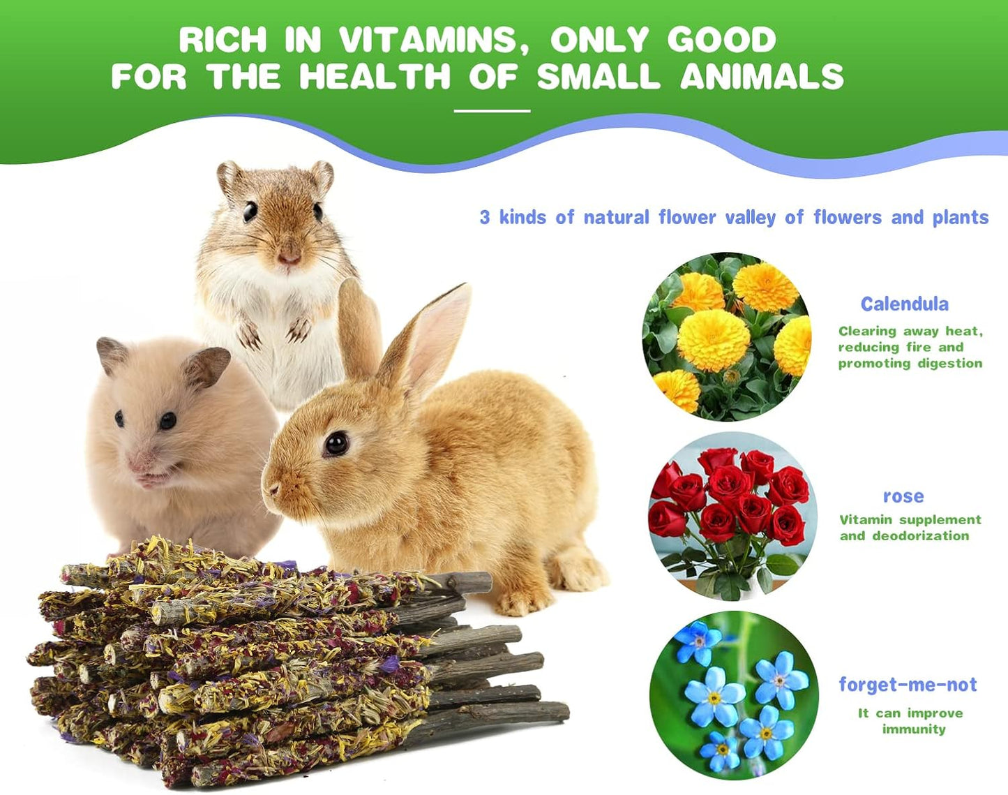 Abizoo Bunny Chew Toys for Rabbits,18PCS Natural Apple Wood Sticks with Petals Good for Chinchillas Guinea Pig Hamster Teeth Care, Bunny Small Pet Treats Teething Toys| Natural Organic Safe