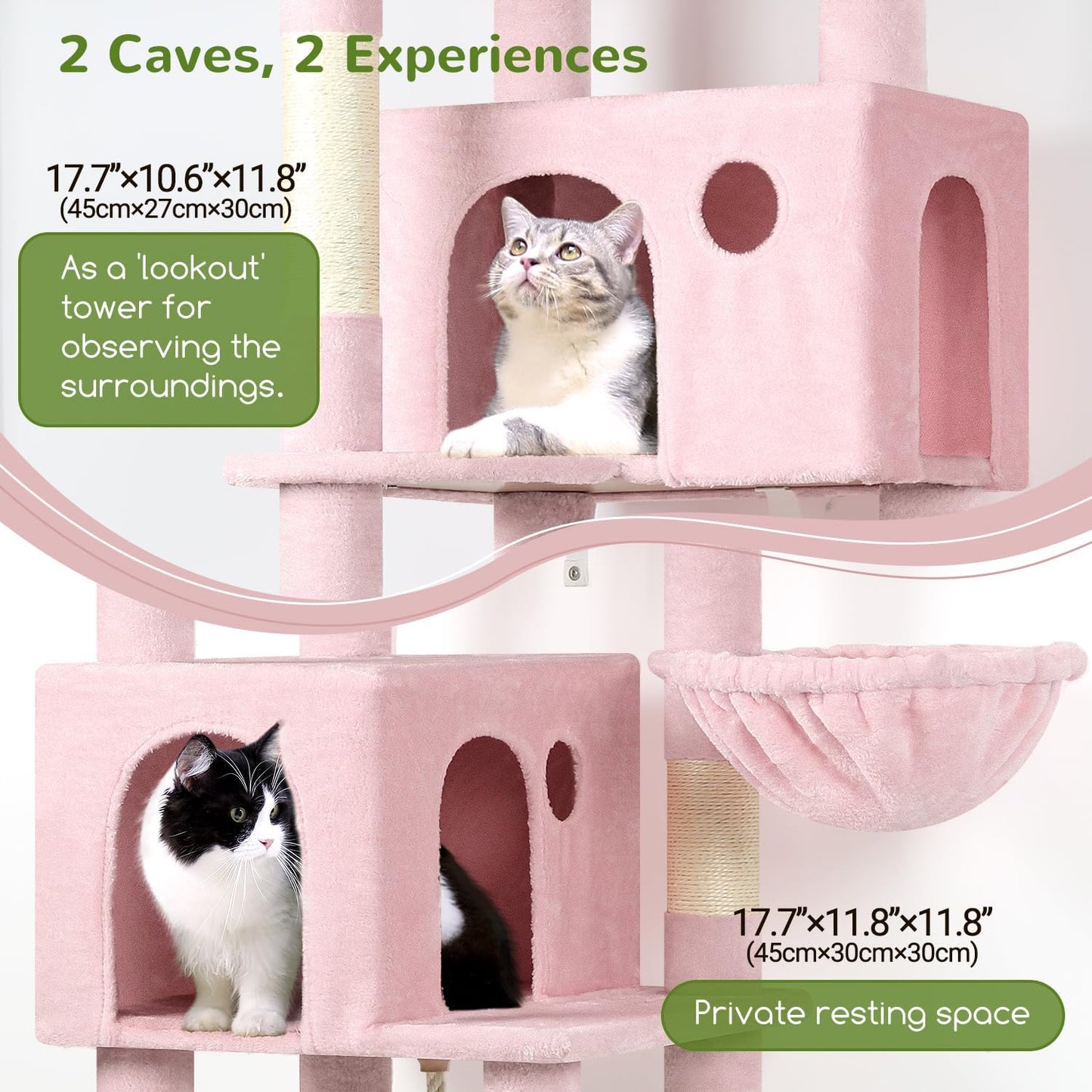 Globlazer Pink Cat Tree, 70 inch Tall Scratching Tower Multi-Level Cat Condo for Indoor Multiple Cats with 2 Large Cat Caves, Top Perch, Large Platform, Bottom Swing, F70B, Pink