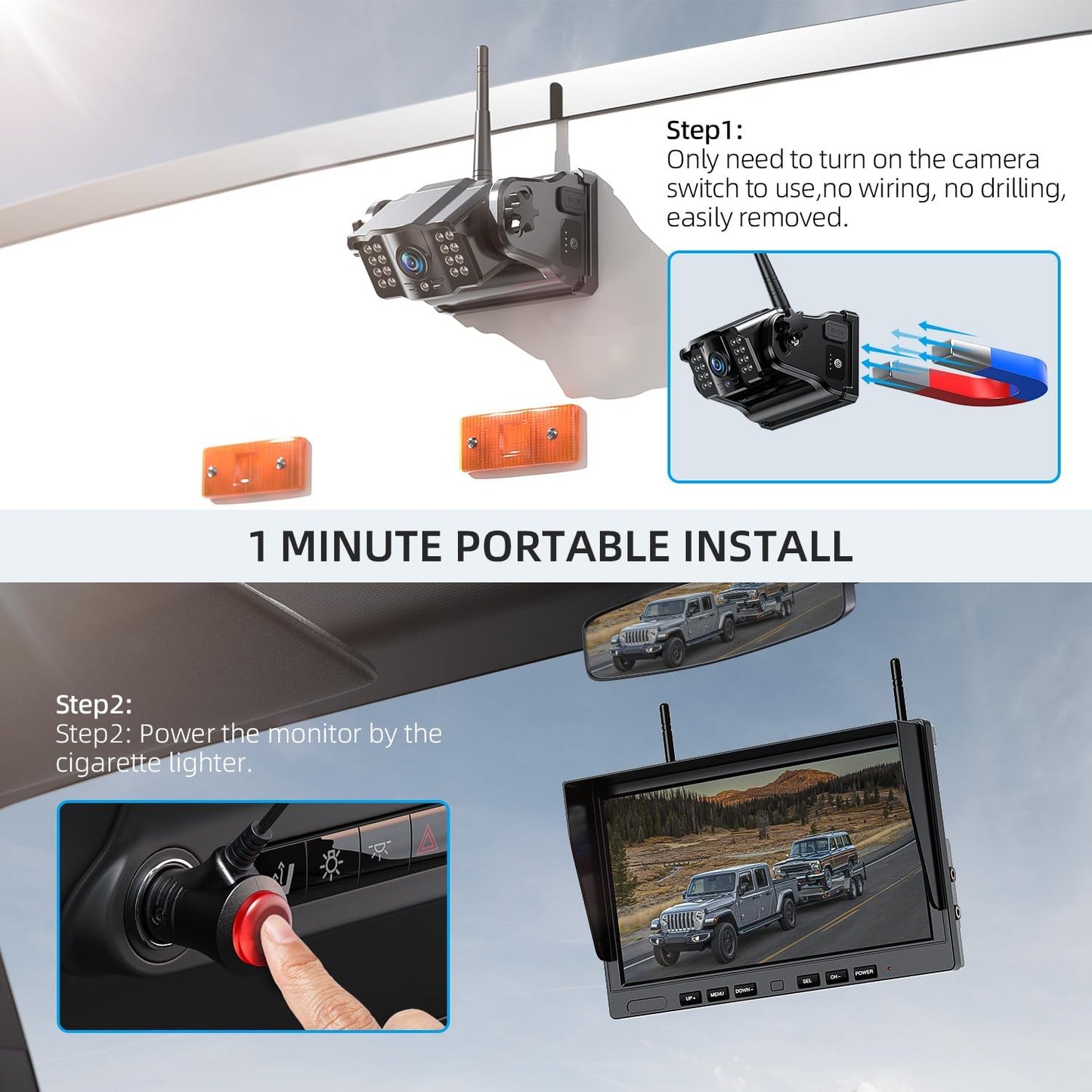 eRapta 2 Wireless Backup Camera Magnetic: 10.1" IPS DVR Monitor, Install-Free RV Backup Camera with Infrared Night Vision, Built-in 9600mAh Battery for Trailer/RV/Truck/Horse Trailer/Tractor ACT1002