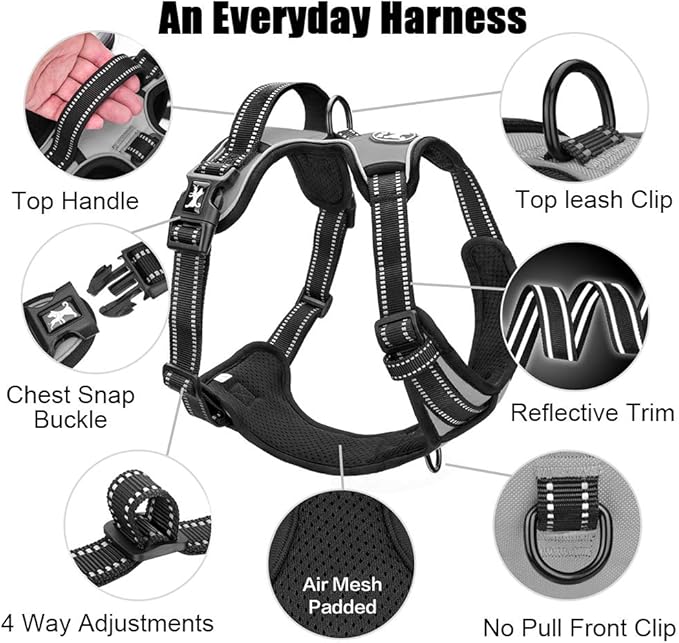 PoyPet No Pull Dog Harness, Reflective Comfortable Vest Harness with Front & Back 2 Leash Attachments and Easy Control Handle Adjustable Soft Padded Pet Vest for Small to Large Dogs (Gray,XS)
