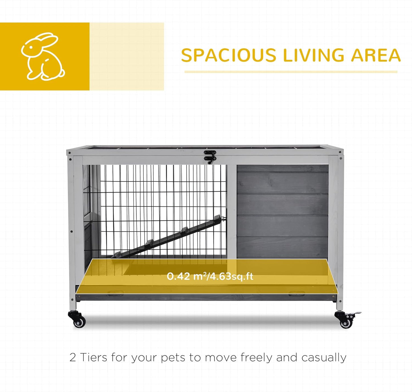 PawHut Wooden Rabbit Hutch Indoor Outdoor, Elevated Bunny Cage with No Leak Tray Enclosed Run with Wheels, Ideal for Guinea Pigs and Small Animals, Gray
