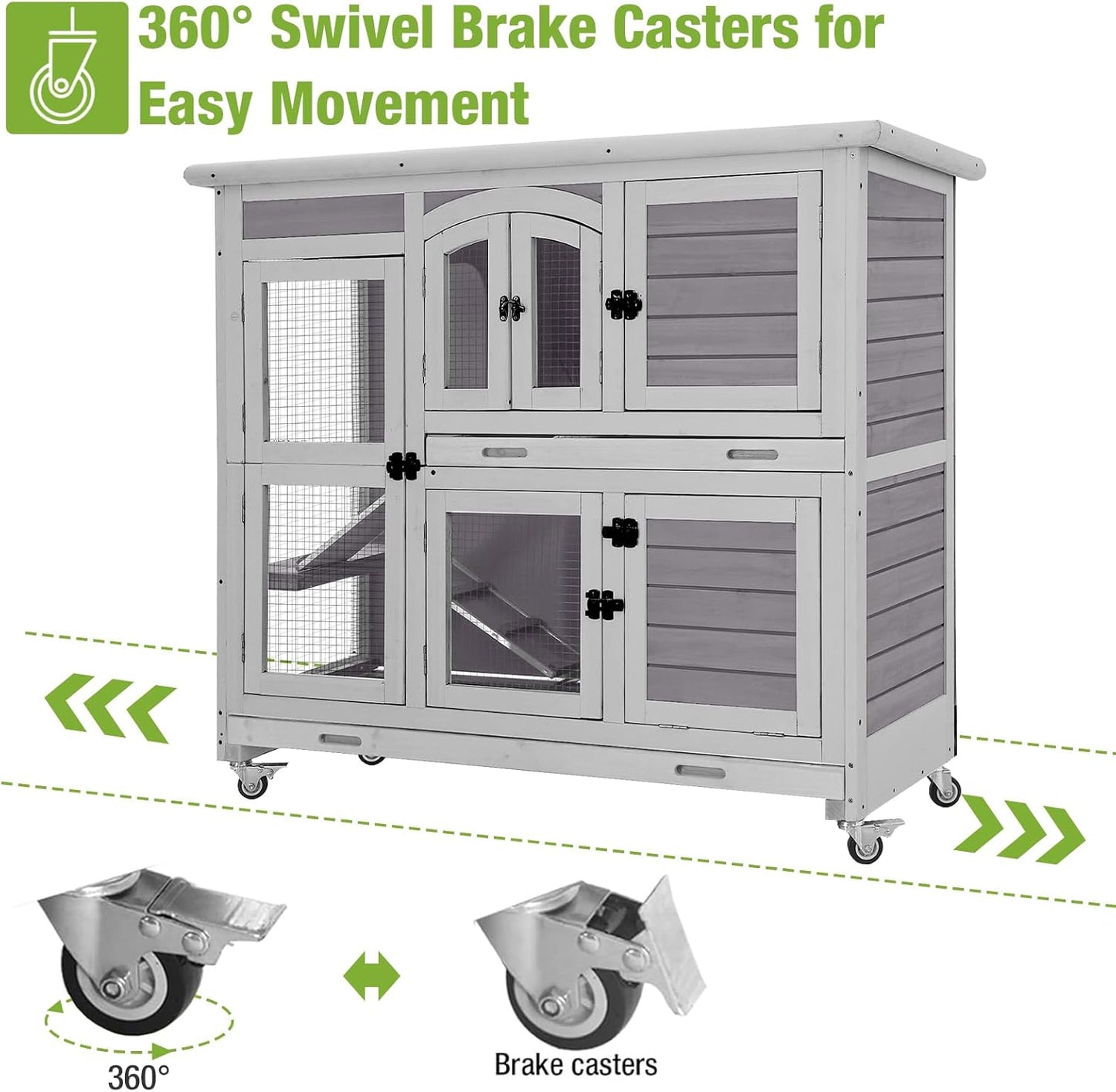 GUTINNEEN Large Rabbit Hutch Indoor with Chew-Proof Ramp, 47" Wooden Bunny Cage Guinea Pig Cages with Casters, Leak-Resistant Trays for Rabbits, Guinea Pigs, Small Animals