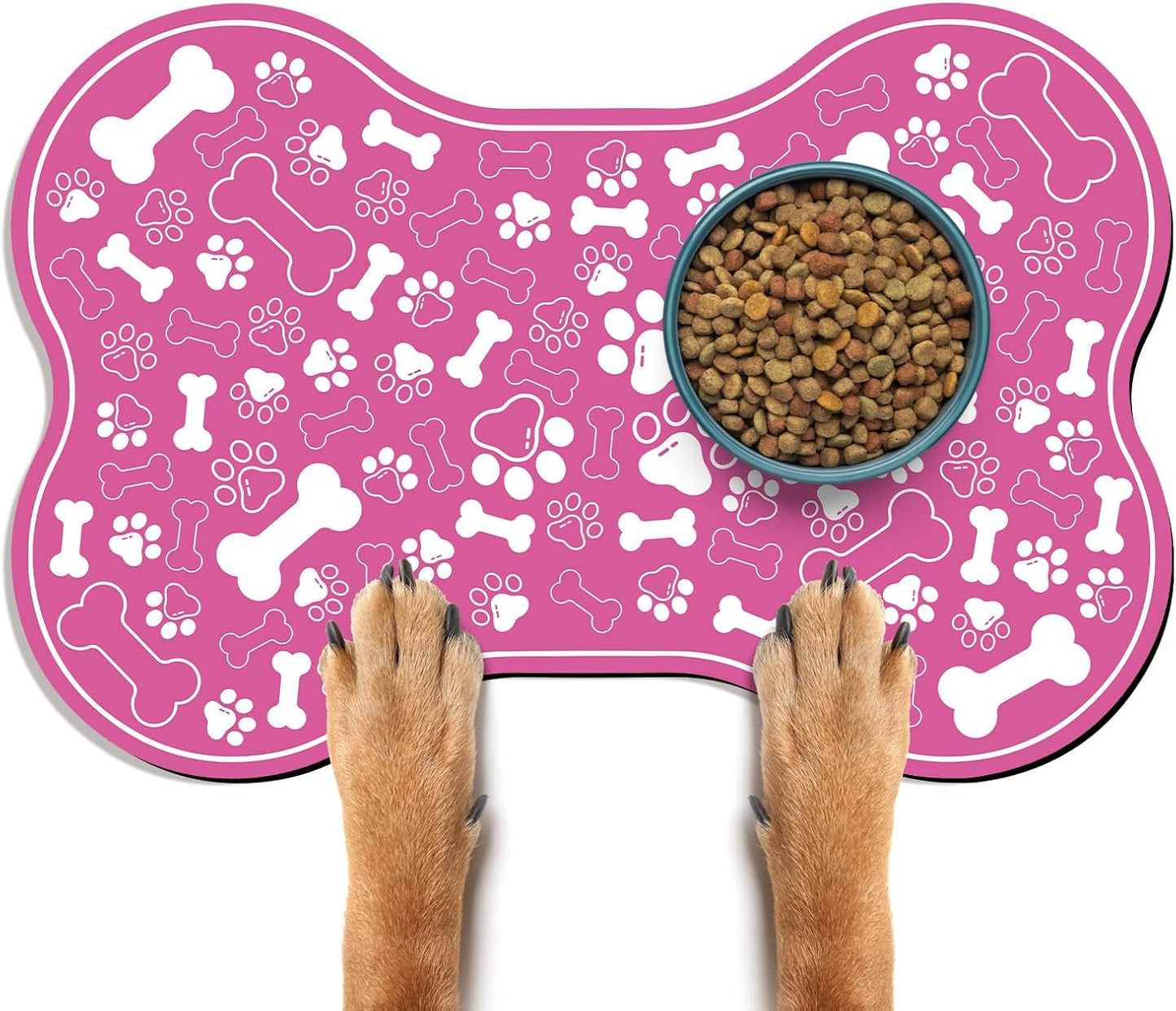 Dog & Cat Food Mat Bone Shaped Pet Feeding Mat Quick Absorb Water Bowl Placemat with Rubber Backing Indoor Floor Stain Resistant Pet Accessory Supplies (Pink, 16x24 Inches)