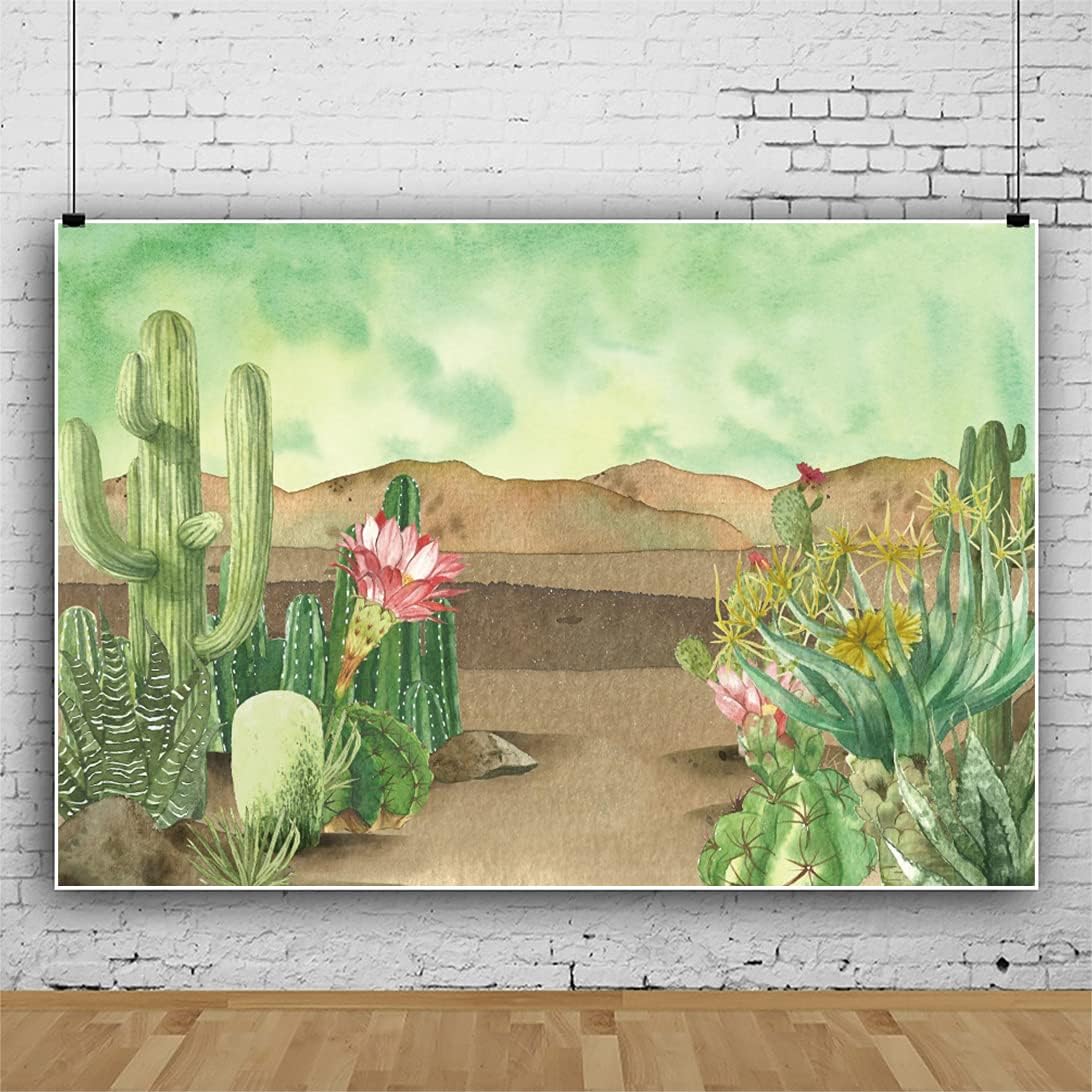 Renaiss 9x6ft Floral Cacti Backdrop Watercolor Aloes Cactus Flowers Desert Scenery Photography Background Botanical Mexican Fiesta Baby Shower Bridal Shower Birthday Party Decors Photo Studio Props