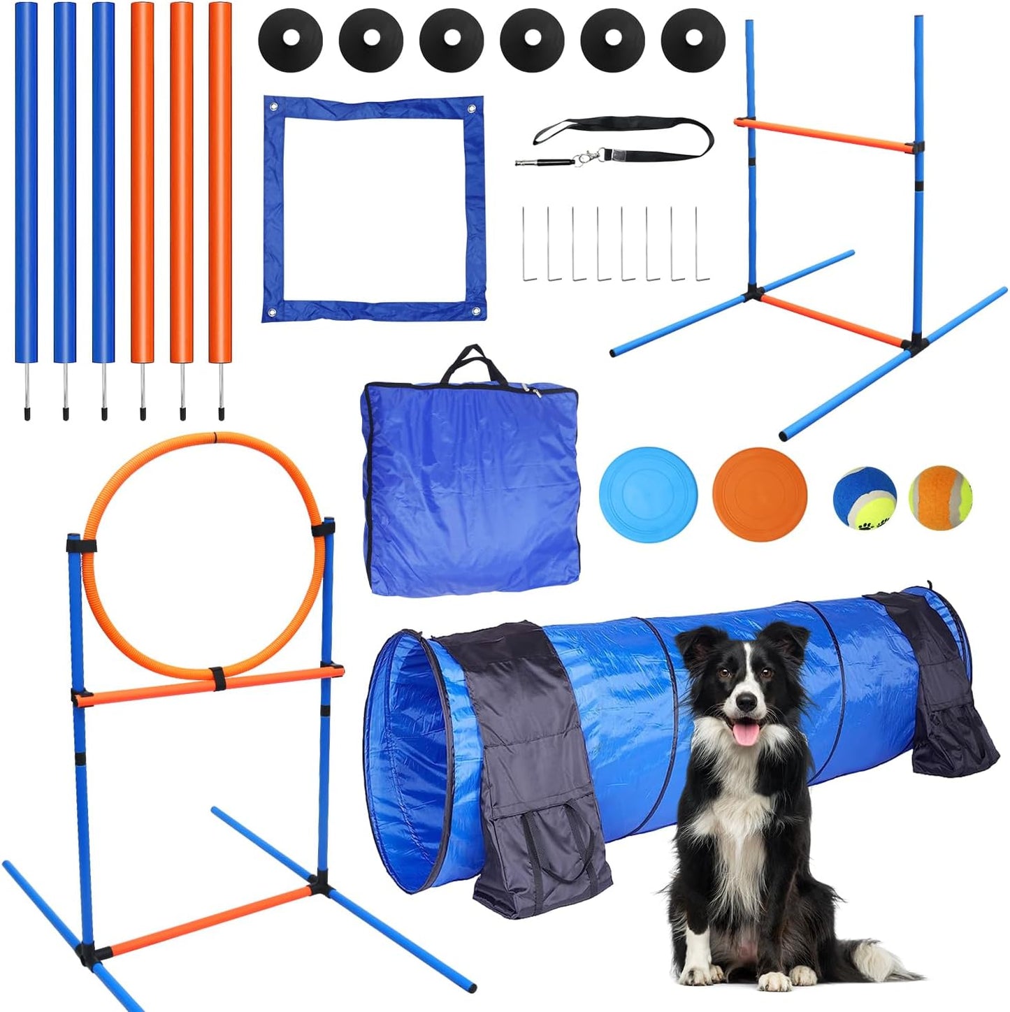 Dog Agility Training Equipment Set Outdoor Indoor Game, Tire Jump + Hurdle Jump, Tunnel, Weave Poles, Pause Box, 2 Toy Balls, 2 Flying Discs, 1 Whistle, 1 Bag, Backyard Premium Dog Obstacle Course Kit