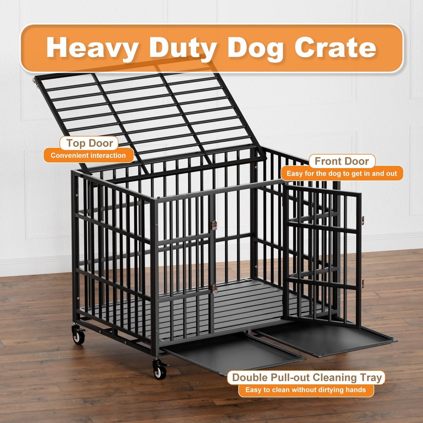 42 Inch Heavy Duty Dog Crate with Wheels,Indestructible Escape-Proof Dog Kennel with Locking Latch and Double Door,Extra Large XL XXL Crate Indoor for Large and Medium Dog with Removable Tray