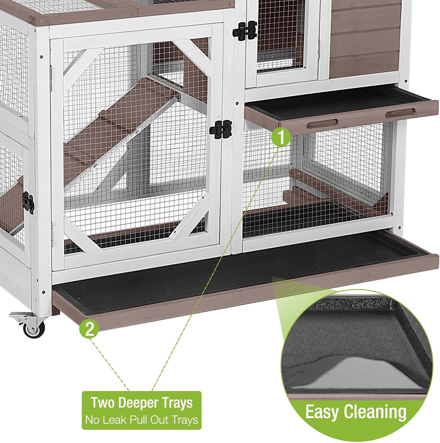 GUTINNEEN Rabbit Hutch Indoor Outdoor 2 Story Bunny House on Wheels Wood Rabbit Cage with 2 Pull Out Trays Guinea Pig Cage