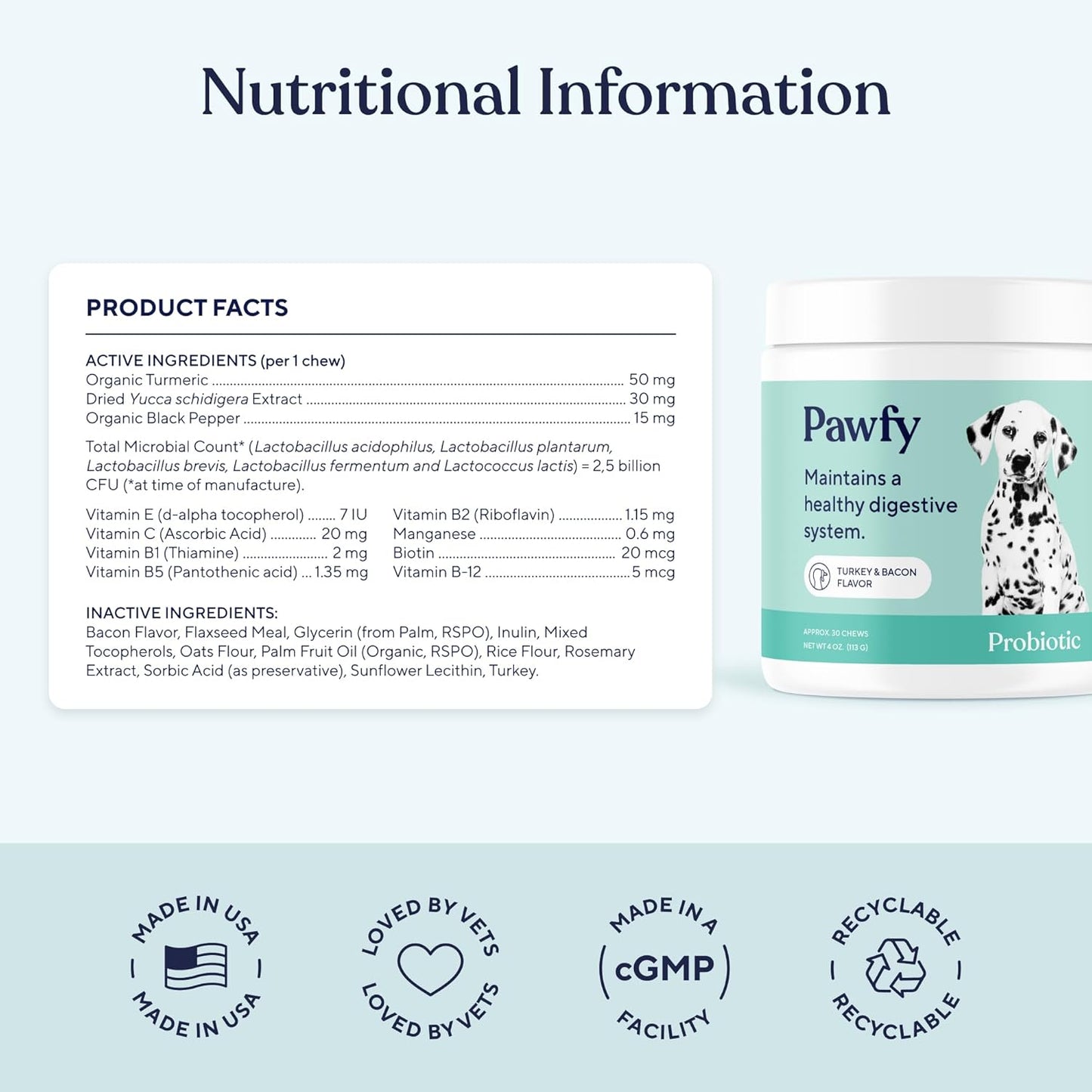 Pawfy Probiotics for Dogs | Supports Digestive Health, Diarrhea for Small, Large Dogs | Improves Gut Health | Anti Yeast Supplements | Skin Health Seasonal Allergies Support - 30 Chews (Bacon)