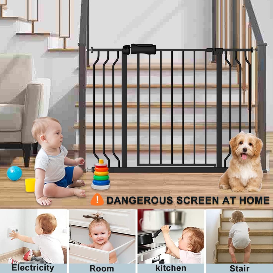 Extra Wide Baby Gate With 14.17in Extensions - Walk Through Pressure Mount Auto Close Child Safety Gate (Black, Extension-14.17"/36cm)