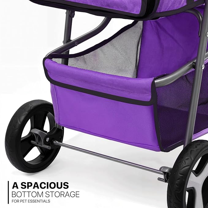 MoNiBloom 3 Wheels Pet Dog Cat Stroller for Small Medium Dogs Cats, Lightweight Foldable Jogger Stroller w/Storage Basket and Cup Holder, Purple