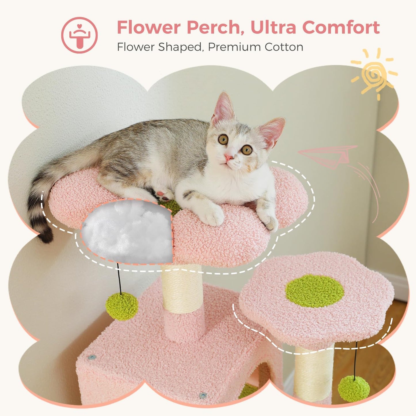 PAWZ Road Cat Tree, 53.5 Inches Tall Cat Tower with Spacious Hammocks, Condos and Scratching Posts, Cat House with Dual Padded Perches for Indoor Large Cats-Pink