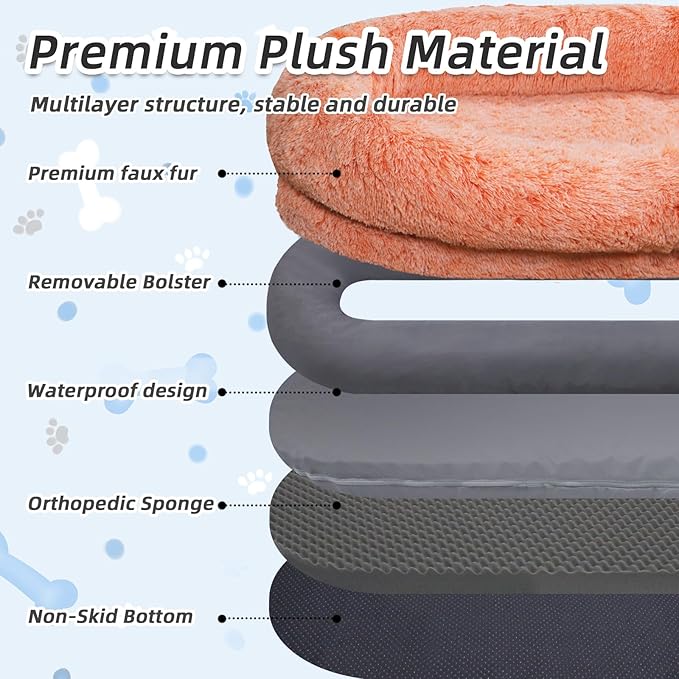 Human Dog Bed, 71''x45''x12'' Size Fits You and Pets, Washable Faux Fur Pet Bed for People Doze Off, Napping Orthopedic Dog Bed, Present Plump Pillow, Blanket, Strap - OrangeWhite