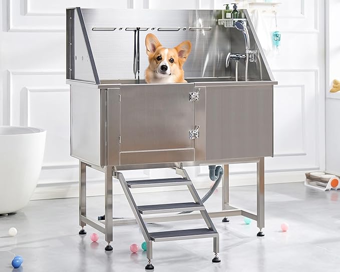Albott 50-Inch Stainless Steel Dog Washing Station with Anti-Slip Steps, Sprayer, Faucet, and Soap Box – Professional Pet Bathtub for Medium/Small Pets, Ideal for Home, Garage, and Grooming(Left)