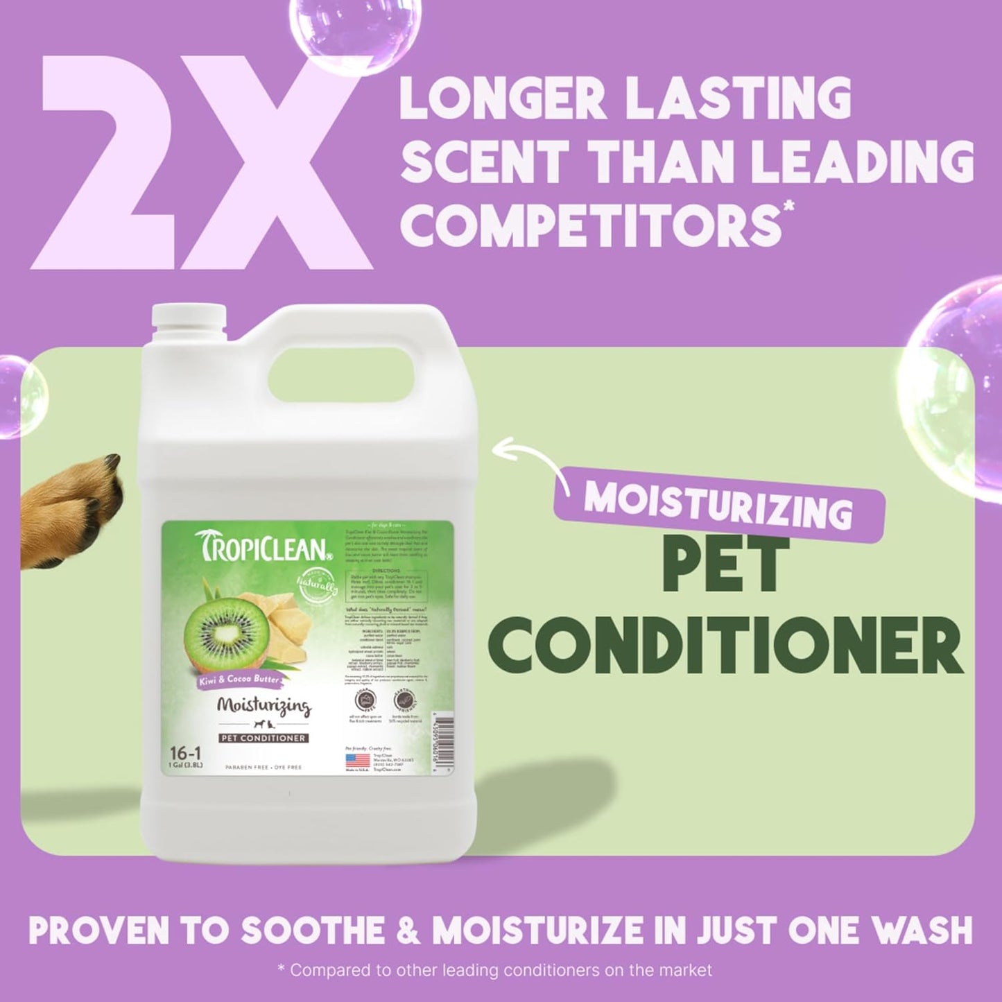 TropiClean Dog Conditioner, Professional Detangling & Moisturizing Conditioner, Puppy Safe, Made in the USA, Kiwi & Cocoa Butter Scent, 1 Gallon