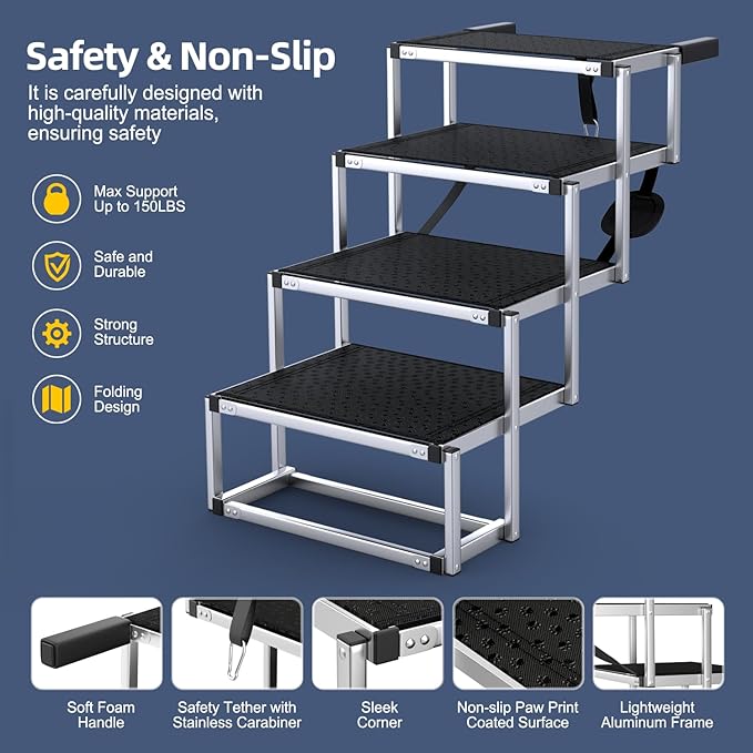 Dog Stairs for Car, Foldable Dog Ramp for Car with Non-Slip Surface, Portable Stairs Aluminum SUV, High Beds, Truck, Supports up to 150 lbs, 4 Steps