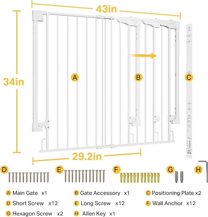 Cumbor 34" Extra Tall No Bottom Bar Baby Gate for Stairs, Auto Close Dog Gate Indoor for Larger Pets, 29.2-43" Hardware Mounted Safety Gate for Doorways, Wide Walk Thru Door for Easy Access (White)