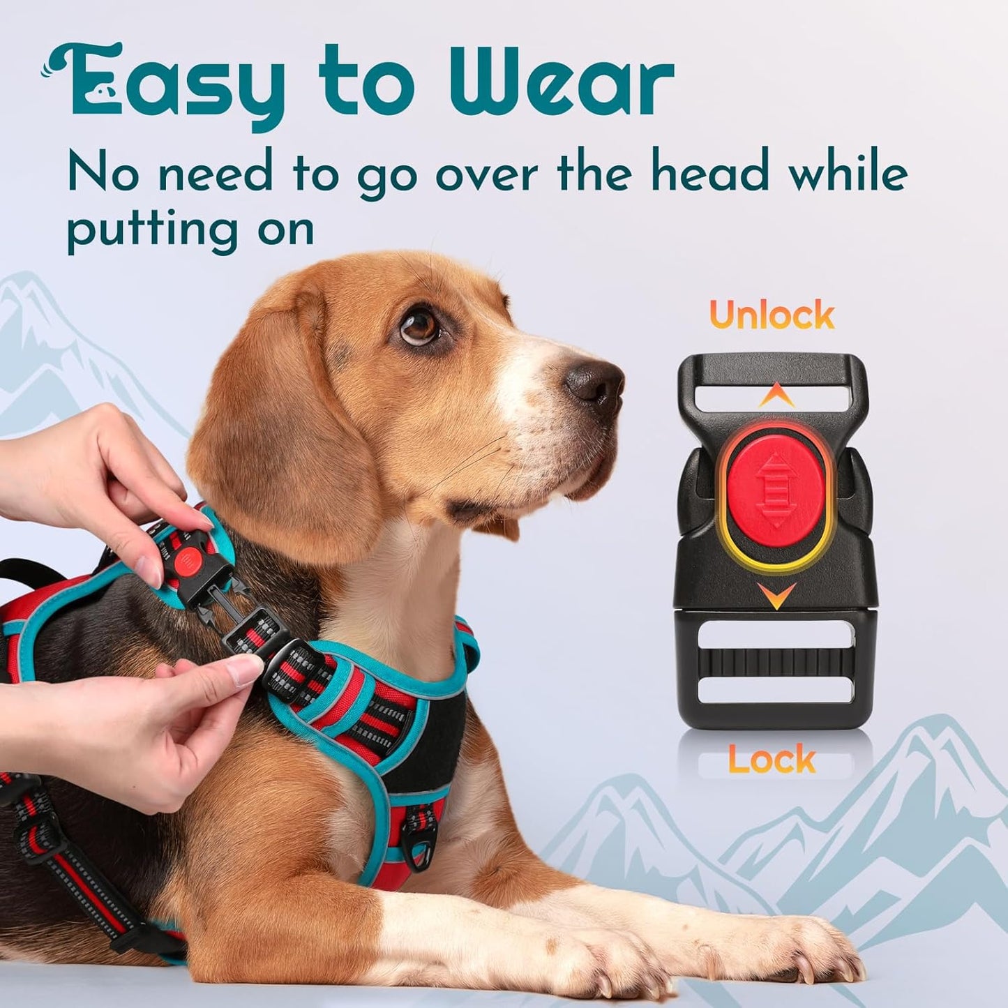 Eagloo Dog Harness for Large Dogs, Easy Wearing with 3 Buckles, Adjustable No Pull Pet Harness with 2 Rings for Walking, No Chock Reflective Soft Padded Vest with Control Handle, Red & Teal, L