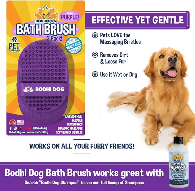 Bodhi Dog Shampoo Brush - Pet Grooming & Bath Supplies for Dogs and Cats - Bath Brush for Long & Short Hair - Premium Scrubber for Shower, Bathing & Massage (Two Pack, Purple)