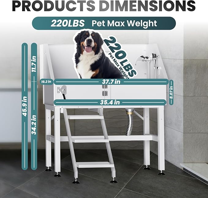 38" Dog Washing Station, Professional Stainless Steel Dog Bathing Station Dog Bathtub for Large & Medium Dog, Height Adjustable Dog Grooming Tub with Storage Basket, Movable Stair (Left Stair)