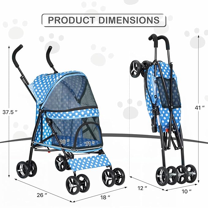 MoNiBloom 4 Wheels Pet Stroller, Easy-Fold Umbrella Shaped Dog Cat Jogger Stroller w/Storage Bag & Visible Mesh for Small/Medium Dogs Cats Sky Blue Polka Dots