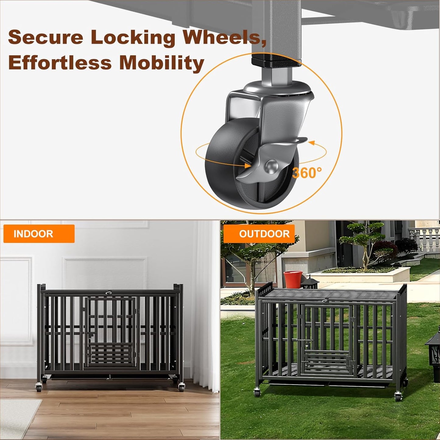 Upgraded 43.8 inch Heavy Duty Dog Crate, Reinforced Thickened Steel Frame Indestructible Kennel for Large & High Anxiety Dogs, Escape Proof Design with 3 Doors, 4 Lockable Wheels and 2 Removable Trays