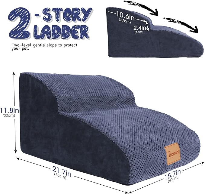Topmart High Density Extended Foam Dog Ramp&Steps 2 Tiers,11.8" High,Non-Slip Dog Stairs,Soft Foam Pet Ladder with Waterproof Cover,Best for Injured,Older Cats,Pets with Joint Pain