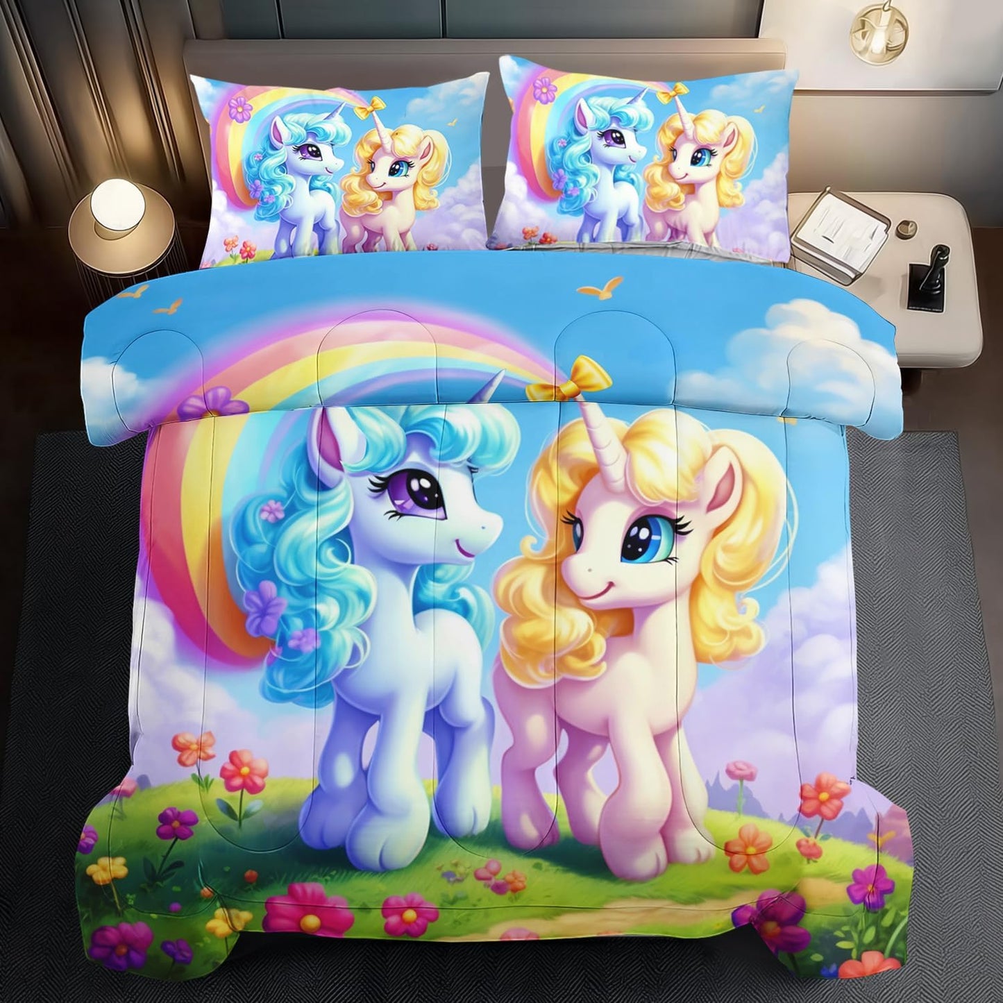 Unicorn Comforter Set Full,Kawaii Unicorn Bedding Set Full Kids,Rainbow Comforter Blue Bedroom Decor,Cute Animal Bedding Rainbow Bed Decor for Girls,Cartoon Blue Floral Quilt