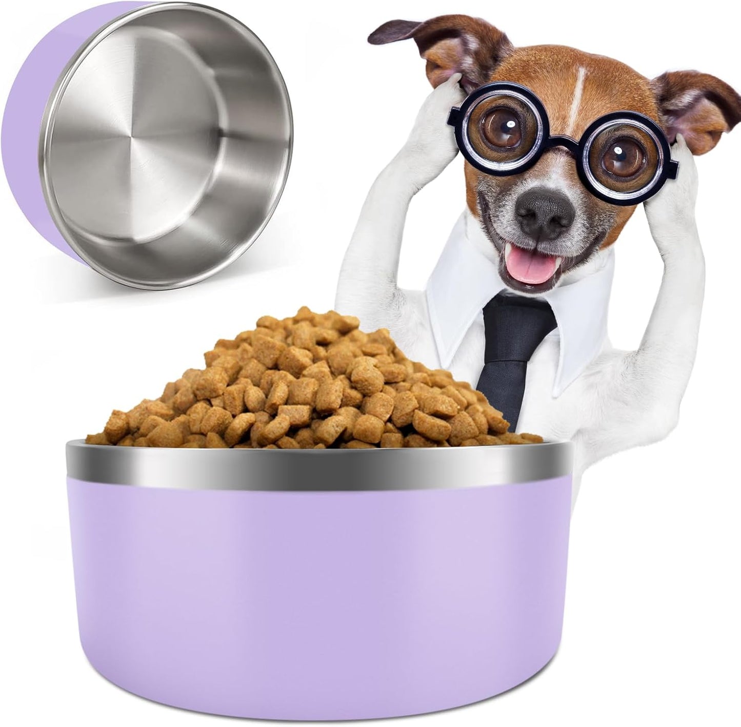 IKITCHEN Dog Bowl for Food and Water, 64 Oz Stainless Steel Pet Feeding Bowl, Durable Non-Skid Insulated Heavy Duty with Rubber Bottom for Medium Large Dogs (64 Ounces/8 Cup, Light Purple)