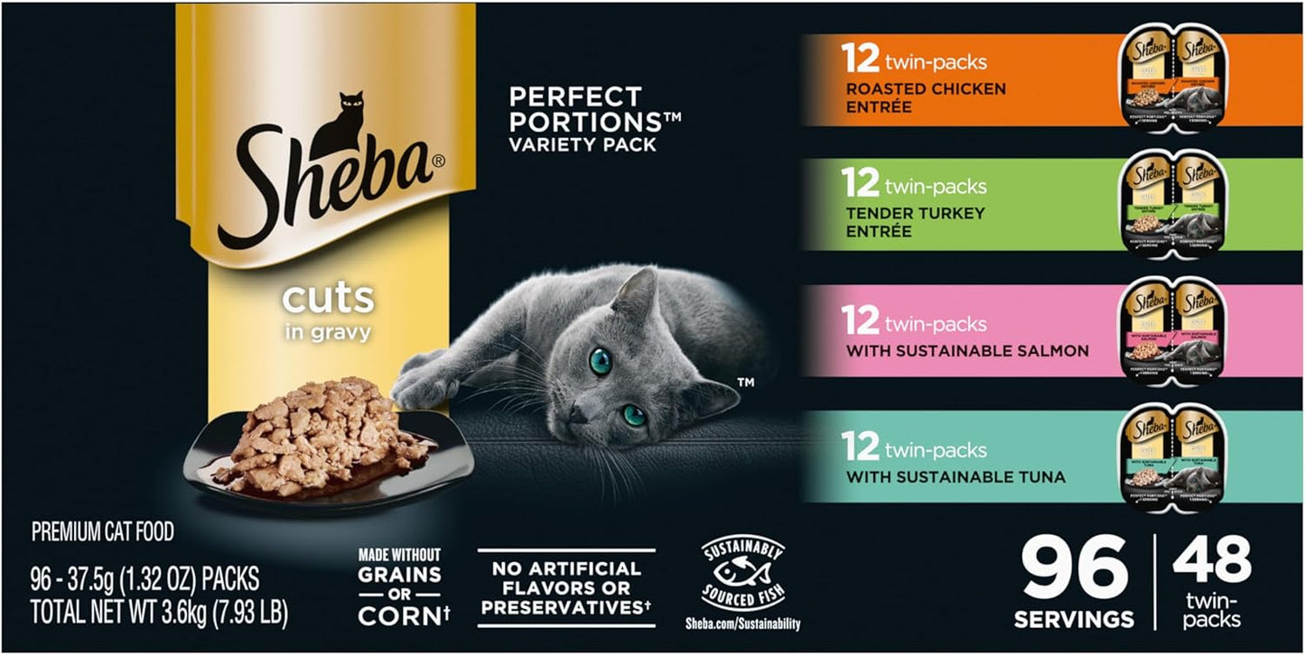 Sheba Perfect Portions Wet Cat Food Cuts in Gravy Variety Pack, Roasted Chicken, Tender Turkey, with Sustainable Salmon, and with Sustainable Tuna, 2.6 oz. Twin-Pack Trays (48 Count, 96 Servings)