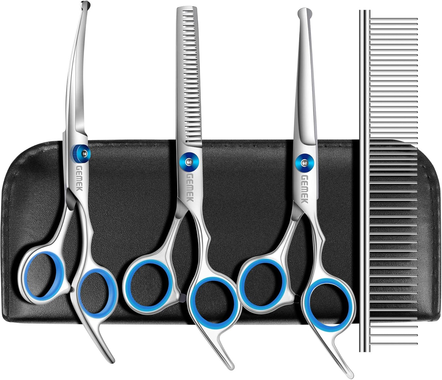 GEMEK Professional 5 in 1 Dog Grooming Scissors Set with Safety Round Tips, Sharp and Heavy-duty Pet Grooming Shears for Cats (Blue)