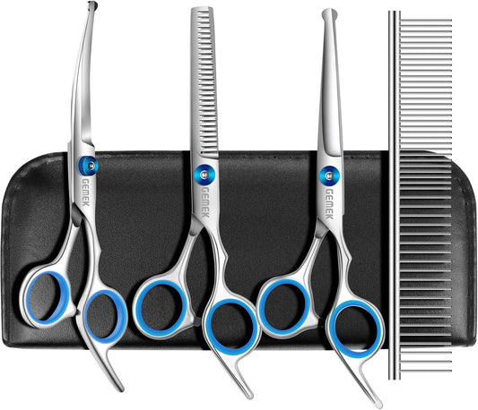 GEMEK Professional 5 in 1 Dog Grooming Scissors Set with Safety Round Tips, Sharp and Heavy-duty Pet Grooming Shears for Cats (Blue)