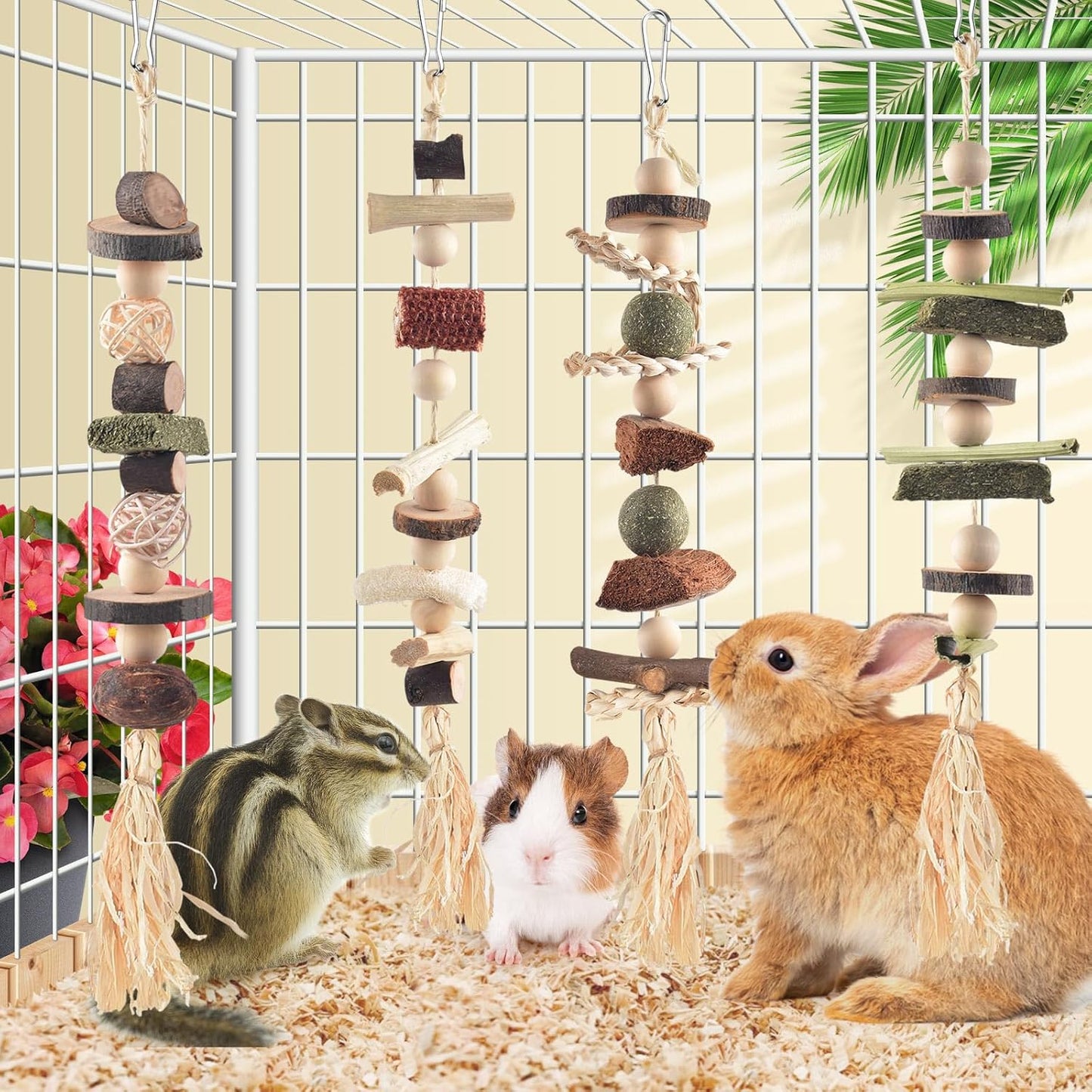 4 Pcs Bunny Chew Toys for Teeth, Hanging Rabbit Chewing Toy Treats with Timothy Grass & Natural Apple Wood, Improve Small Rodent Dental Health for Guinea Pig Hamster Chinchilla Rat Gerbil