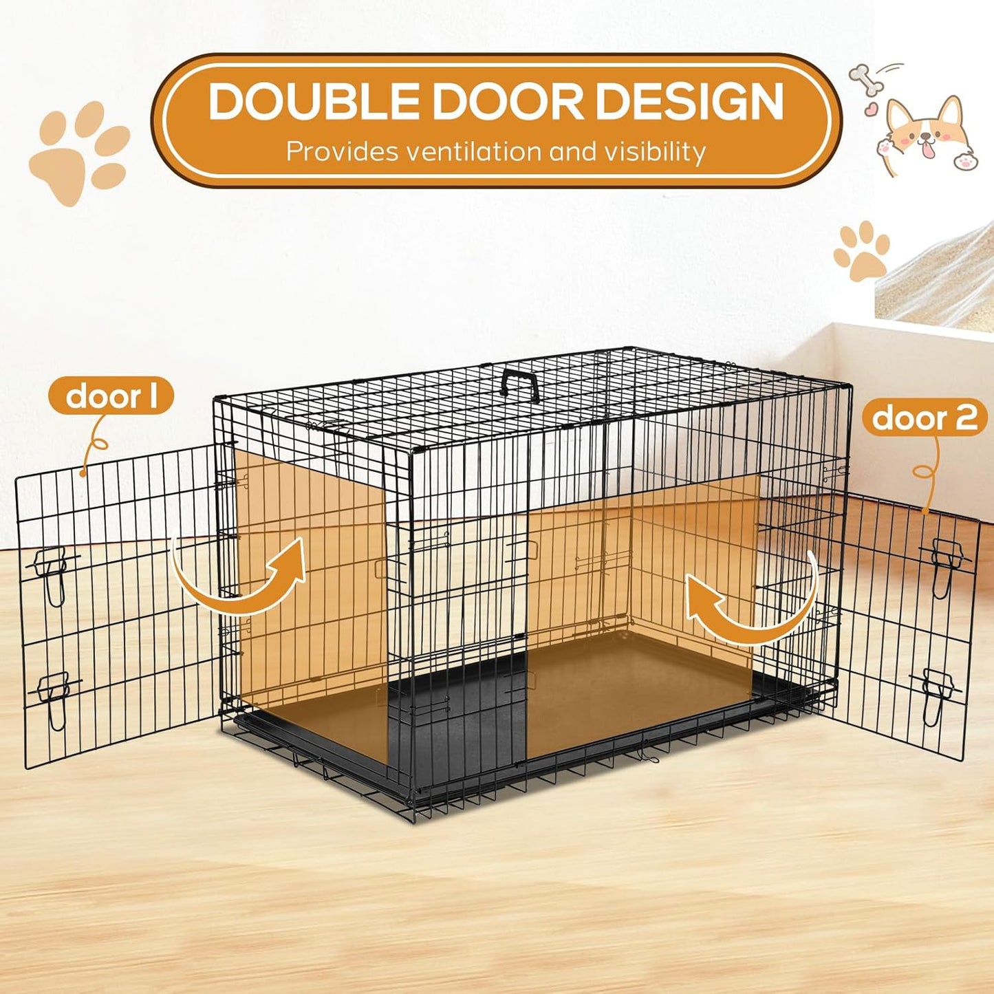 48 Inch Dog Crate Dog Cage for Extra Large Dogs with Divider Panel, Metal Cages with Double Door, Leak-Proof Pan Tray, Folding Portable for Indoor Outdoor Travel