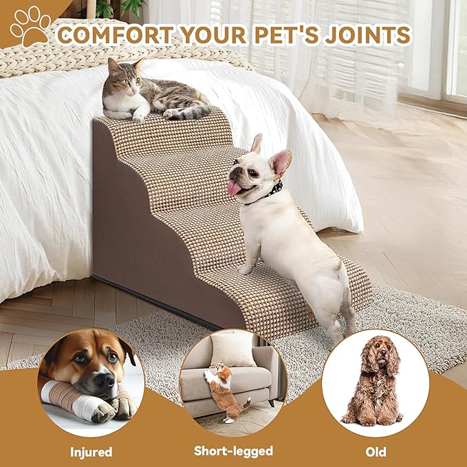 Dog Ramp and Stair for Bed 16" H-20 H,3-Step Cat Stair for Sofa and Chair,4-Step Dog Ramp for High Bed and Window,Durable Nonslip Fabric Cover for Indoor (Coffee-20 H, Pet Friendly, 4)