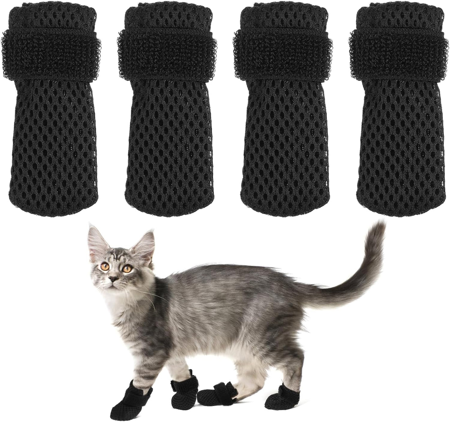Cat Booties to Prevent Scratching: 4pcs AntiScratch Cat Claw Covers for Feeding Medicine, Pet Grooming, Bathing Shaving Checking, and Nail Trimming, Black Pet Shoes Socks Caps Mittens Paw Protector M