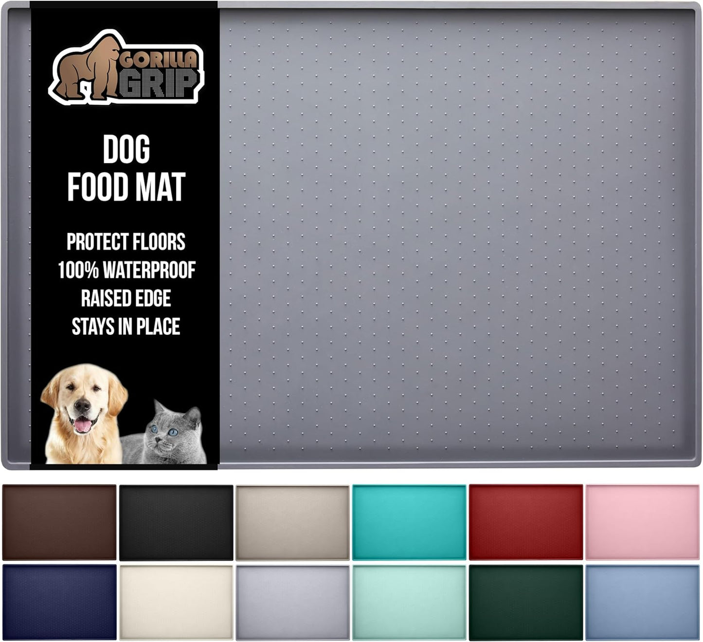 GORILLA GRIP 100% Waterproof Raised Edge BPA Free Silicone Pet Feeding Mat, Dog Cat Food Mats Contain Spills Protects Floors, Placemats for Cats and Dogs Water Bowl, Pets Accessories 23x15 Gray