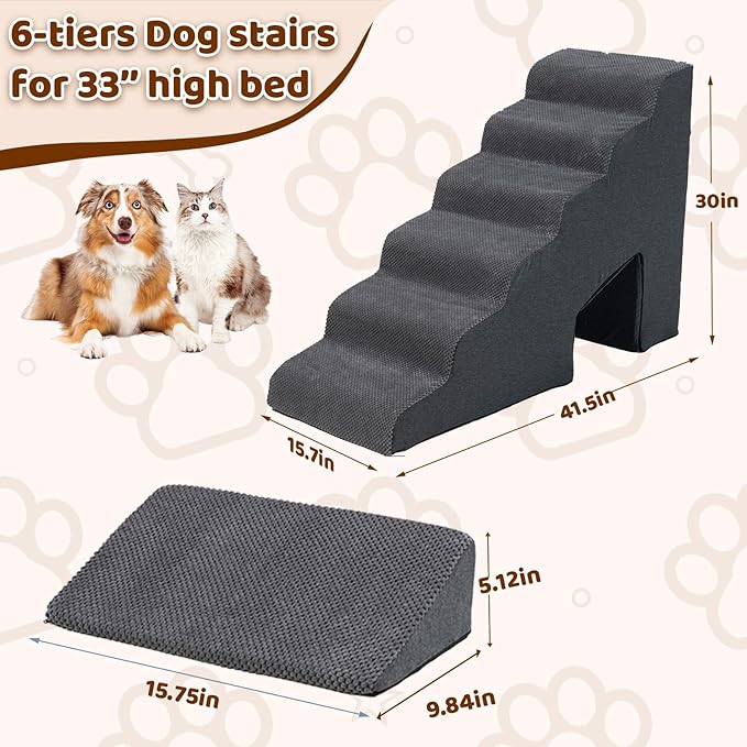 Dog Stairs & Steps Ramps for High Beds 30 inches High Tall, LitaiL 6 Step Pet Stairs Steps for Small Large Dogs, Non-Slip Dog Ramps with 3 Pack Ramps for Staircase