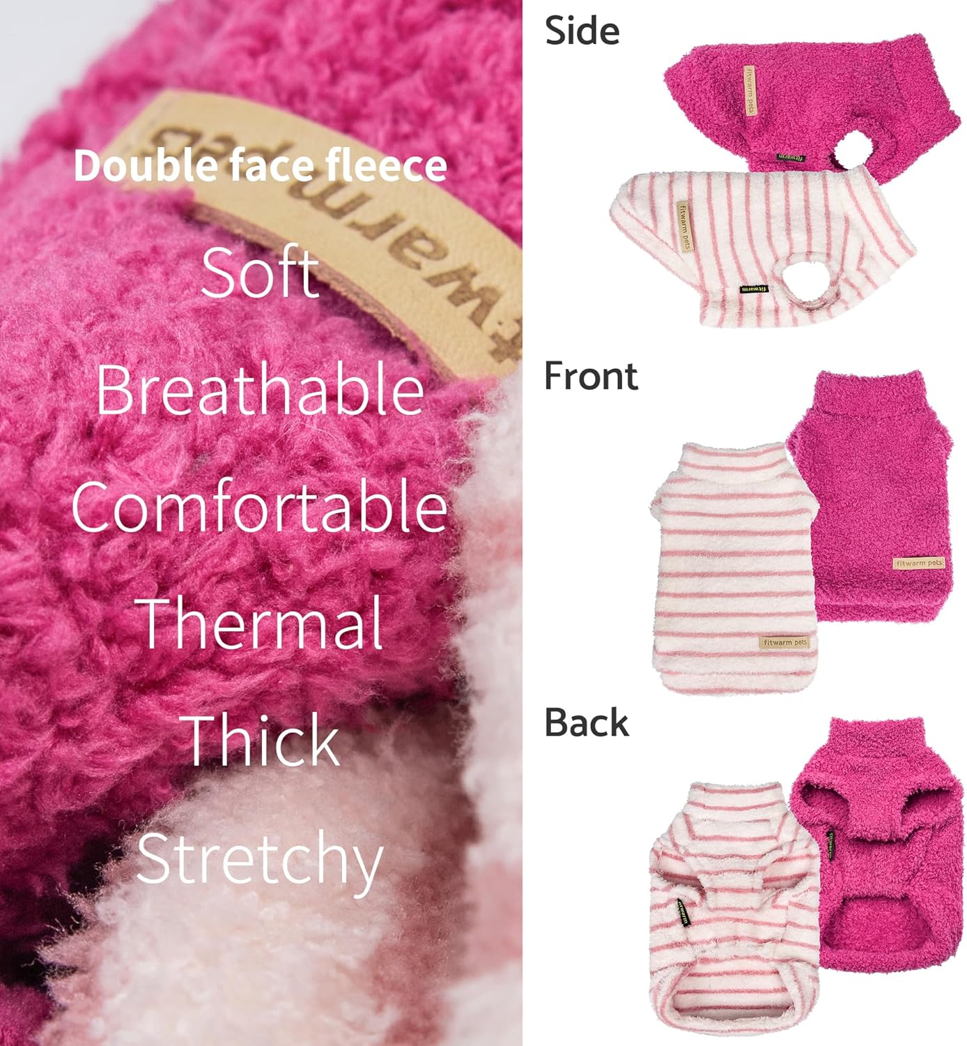 Fitwarm 2 Pack Striped Fleece Dog Sweater, Warm Winter Dog Clothes for Small Dogs Girl, Fuzzy Turtleneck Pet Outfit, Doggy Pullover Jumper, Rose Pink, White, Light Pink, XS