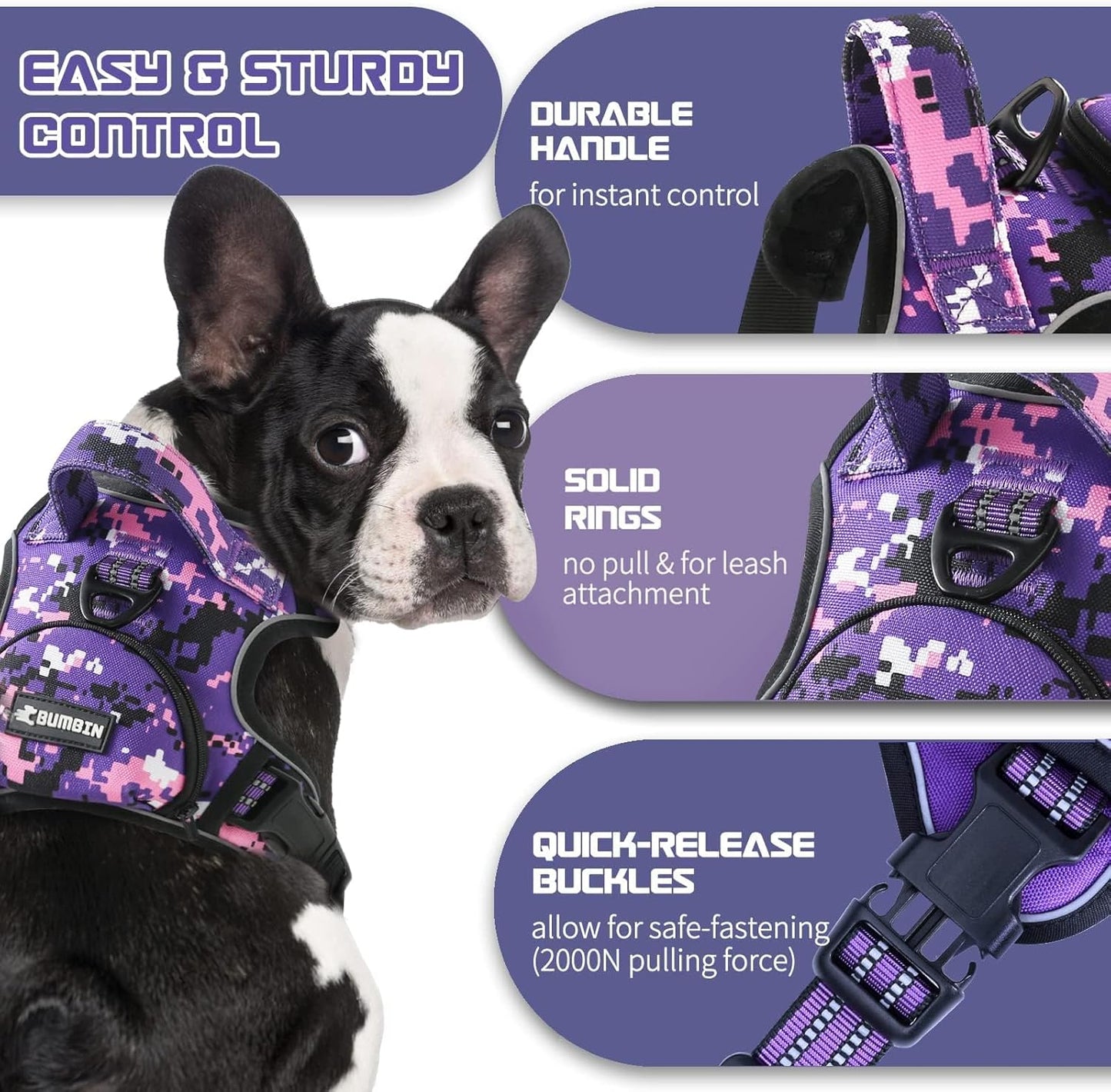 No Pull Dog Harness for Large Dogs, Adjustable No Choke Pet Vest with Dog Leash Fit Smart Reflective Pet Walking Harness for Training Easy Control Soft Handle Purple Camo L